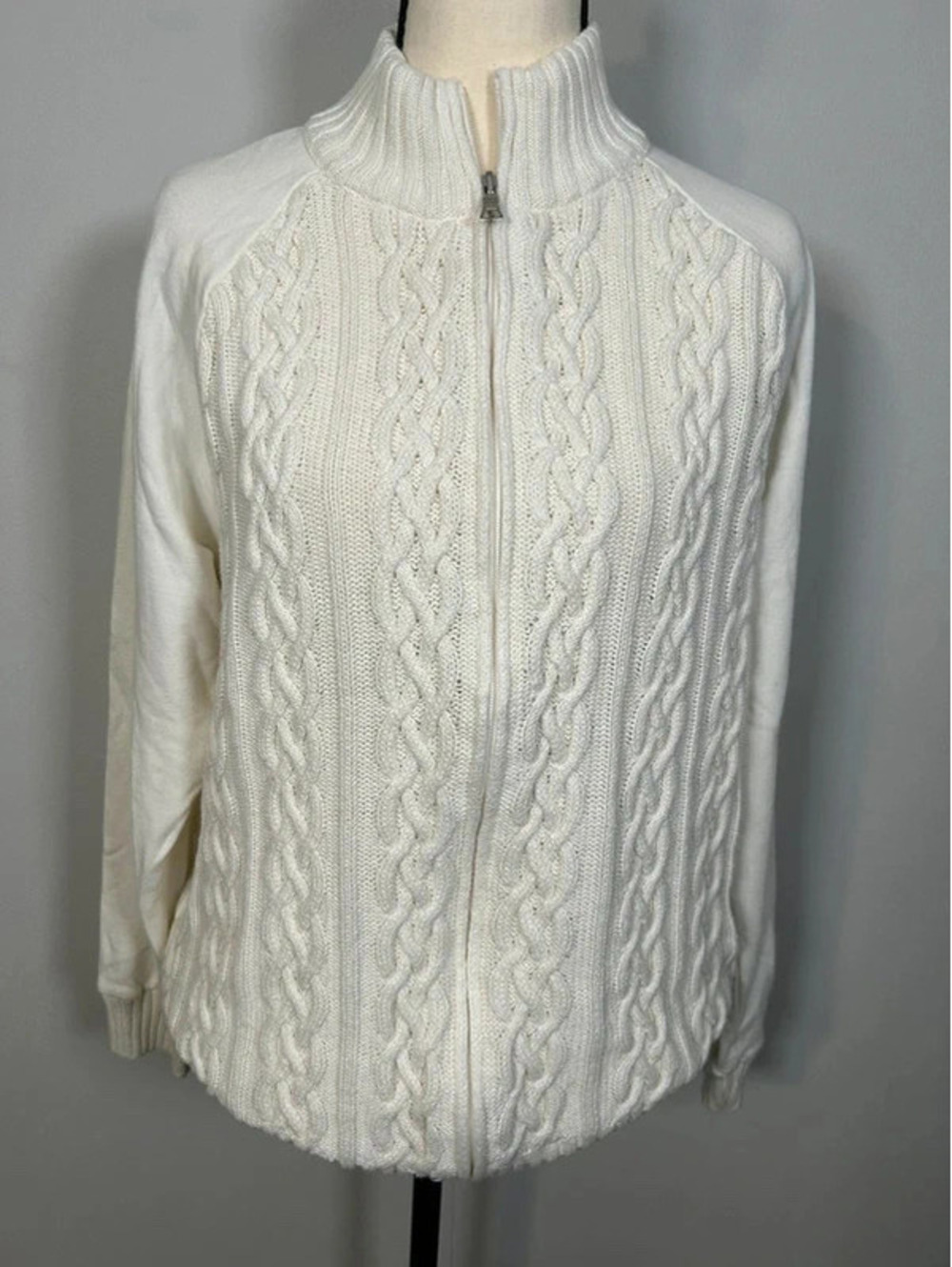 Croft & Barrow Cable Knit Zip Up Sweater Women’s L Ivory Cream Mock Neck